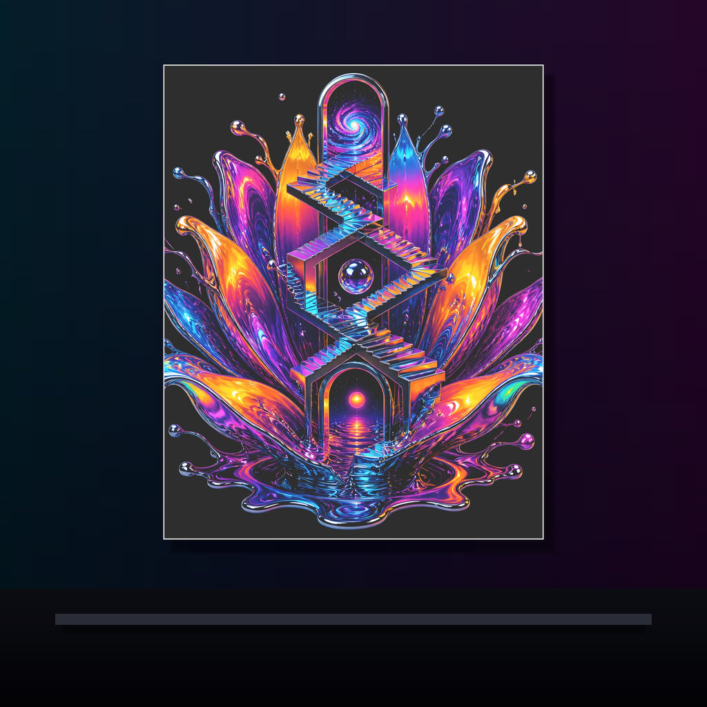 Liquid Staircase Bloom original KOSVYRE poster displayed in a dark psychedelic gallery setting