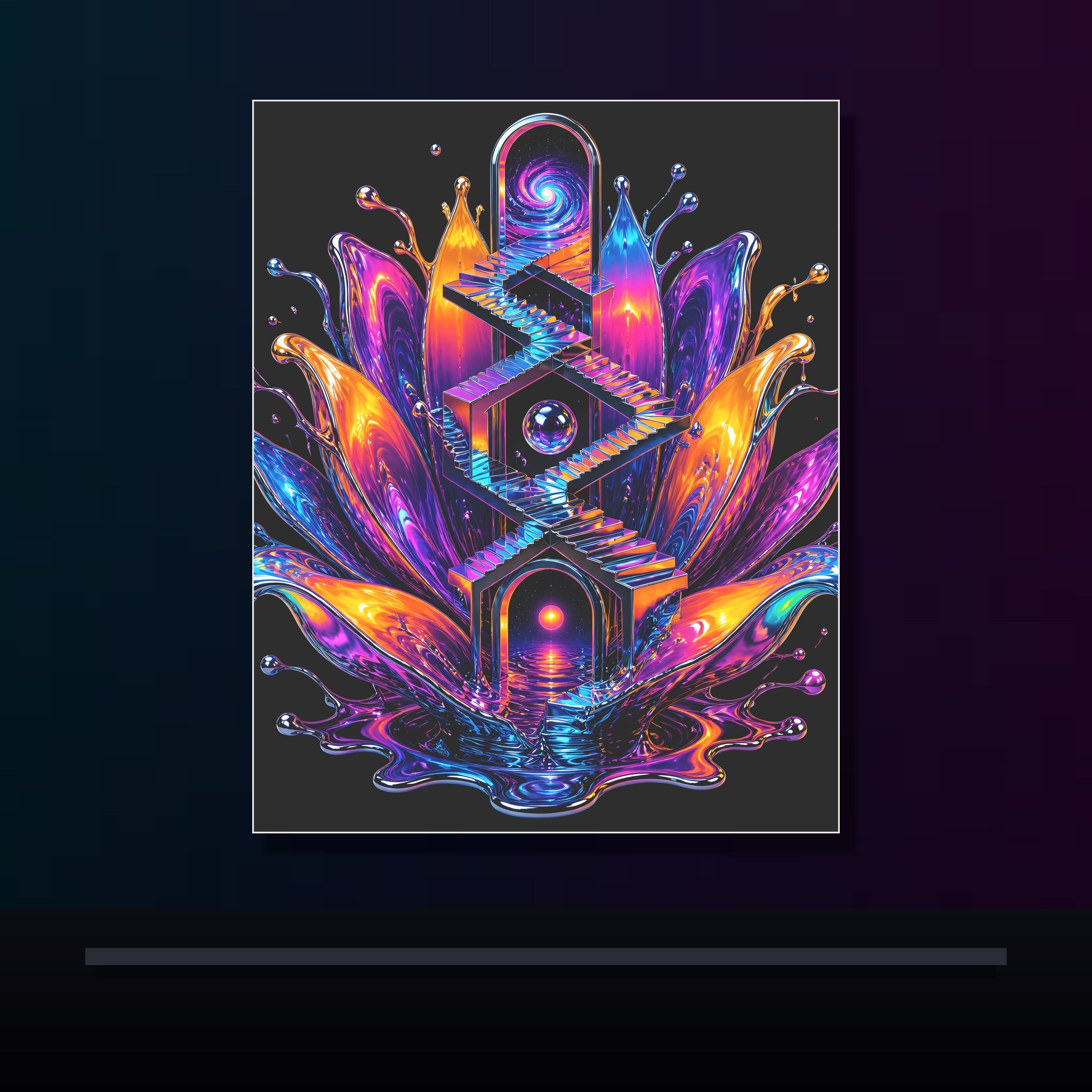 Liquid Staircase Bloom original KOSVYRE poster displayed in a dark psychedelic gallery setting