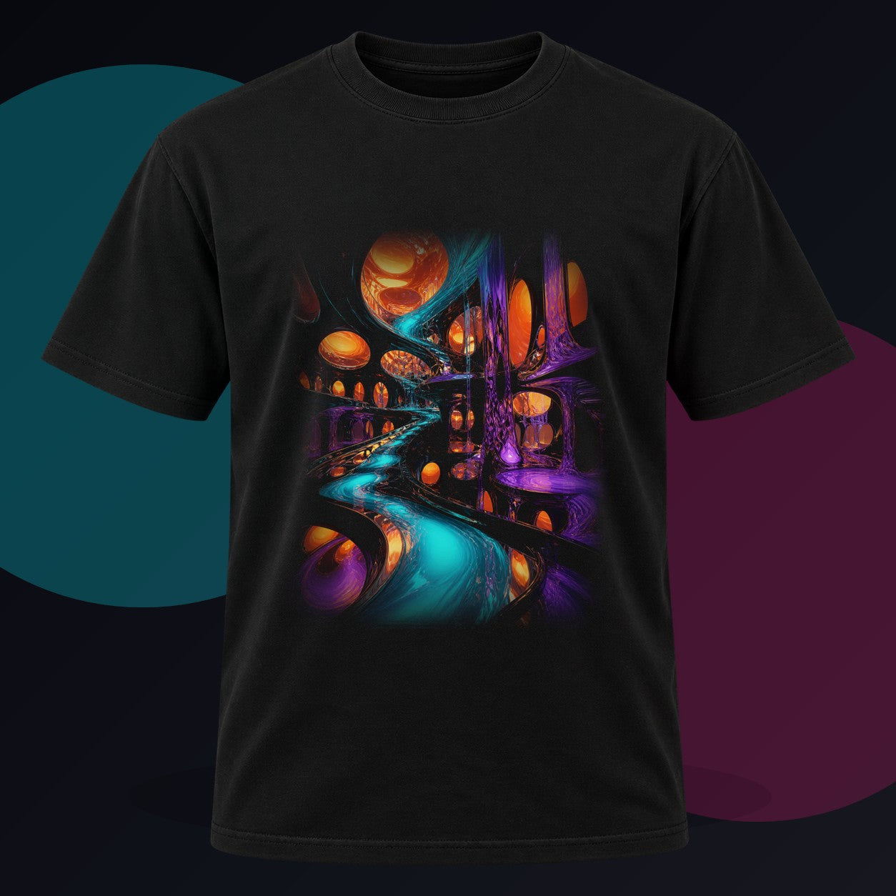 Liquid Transit Atrium original KOSVYRE design on a black graphic tee against a graphite studio background