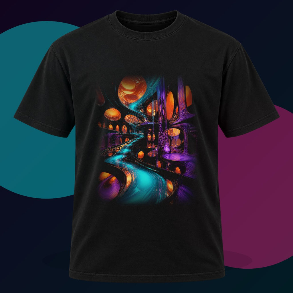 Liquid Transit Atrium original KOSVYRE design on a black graphic tee with cyan and violet studio lighting