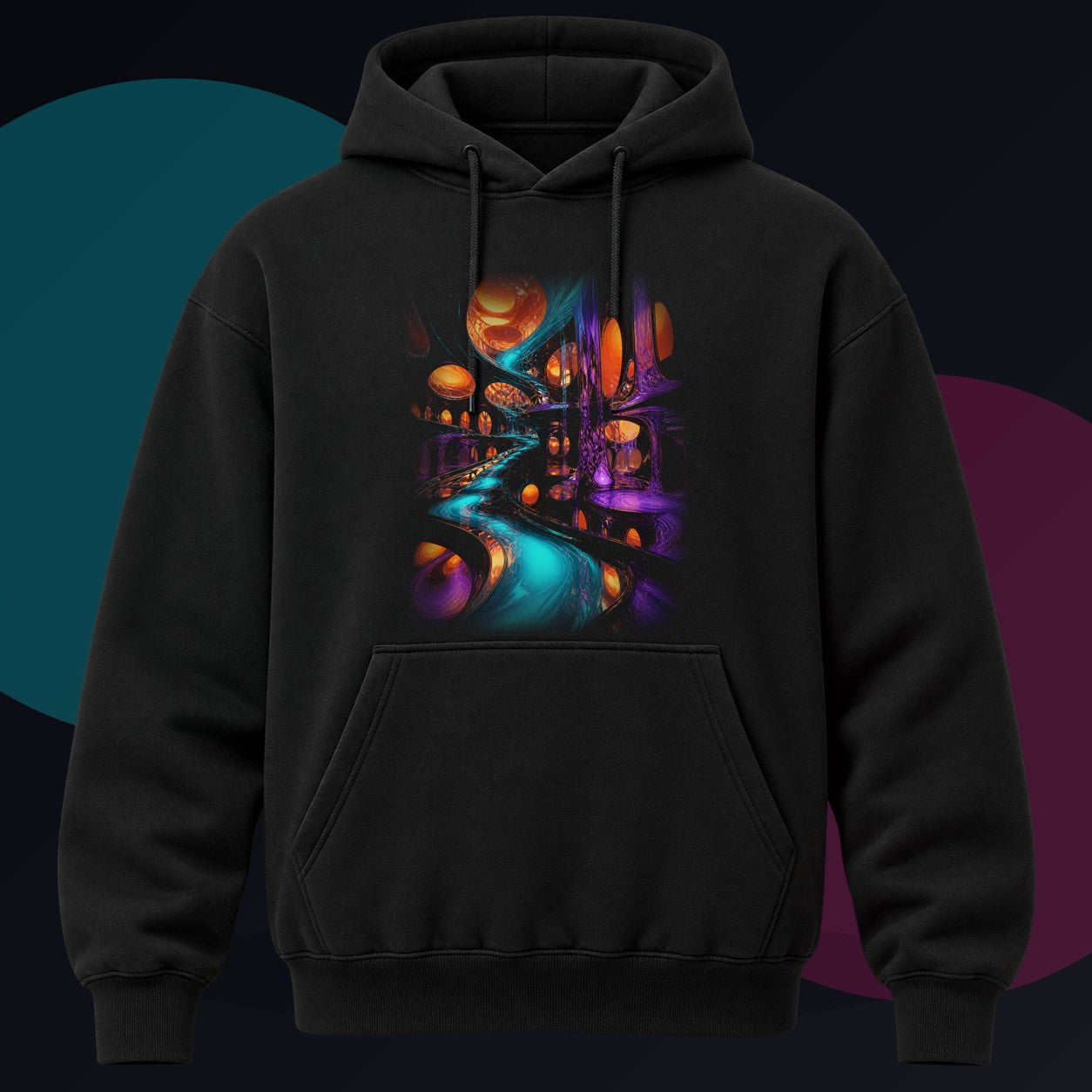 Liquid Transit Atrium original KOSVYRE design on a black hoodie against a graphite studio background