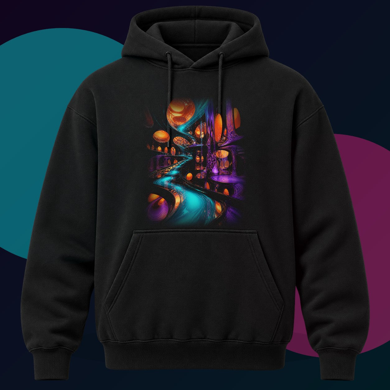 Liquid Transit Atrium original KOSVYRE design on a black hoodie with cyan and violet studio lighting