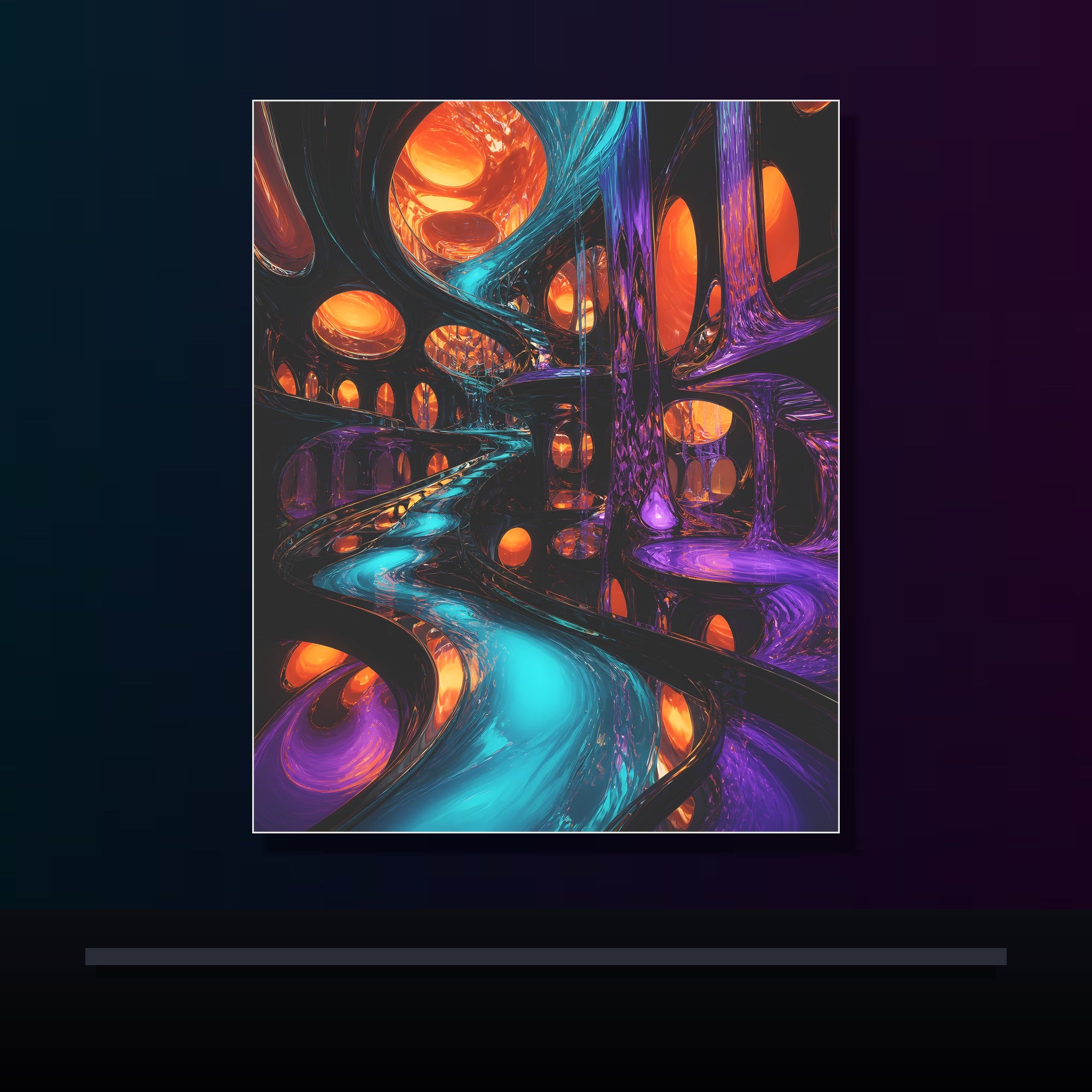 Liquid Transit Atrium original KOSVYRE poster displayed in a dark psychedelic gallery setting
