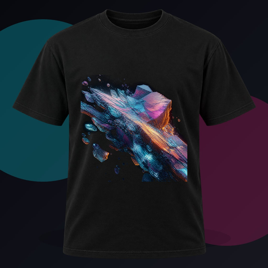 Lumen Quarry Drift original KOSVYRE design on a black graphic tee against a graphite studio background