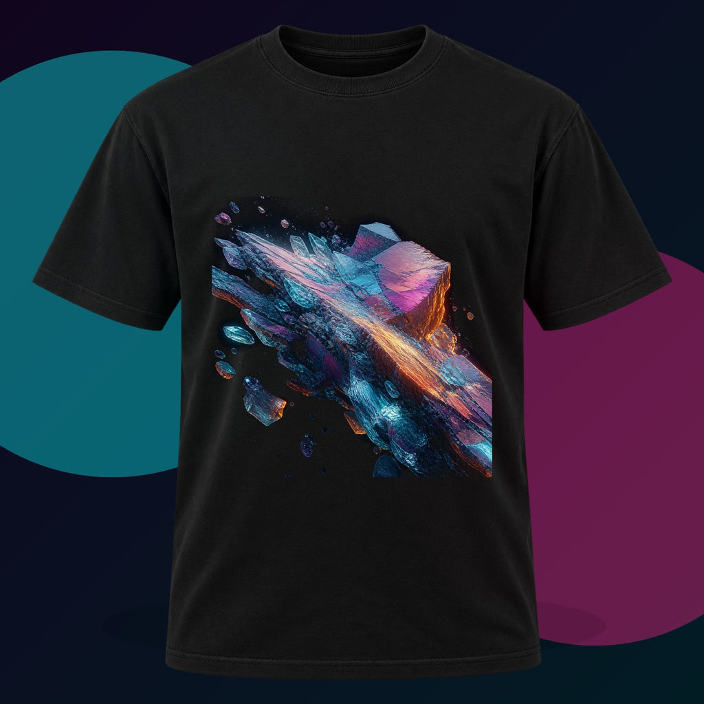 Lumen Quarry Drift original KOSVYRE design on a black graphic tee with cyan and violet studio lighting