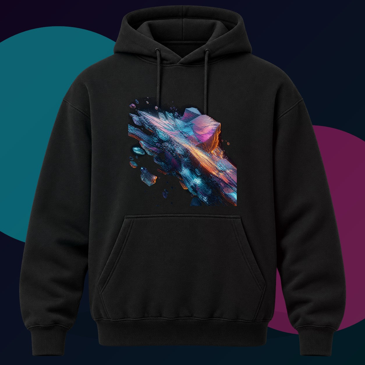 Lumen Quarry Drift original KOSVYRE design on a black hoodie with cyan and violet studio lighting