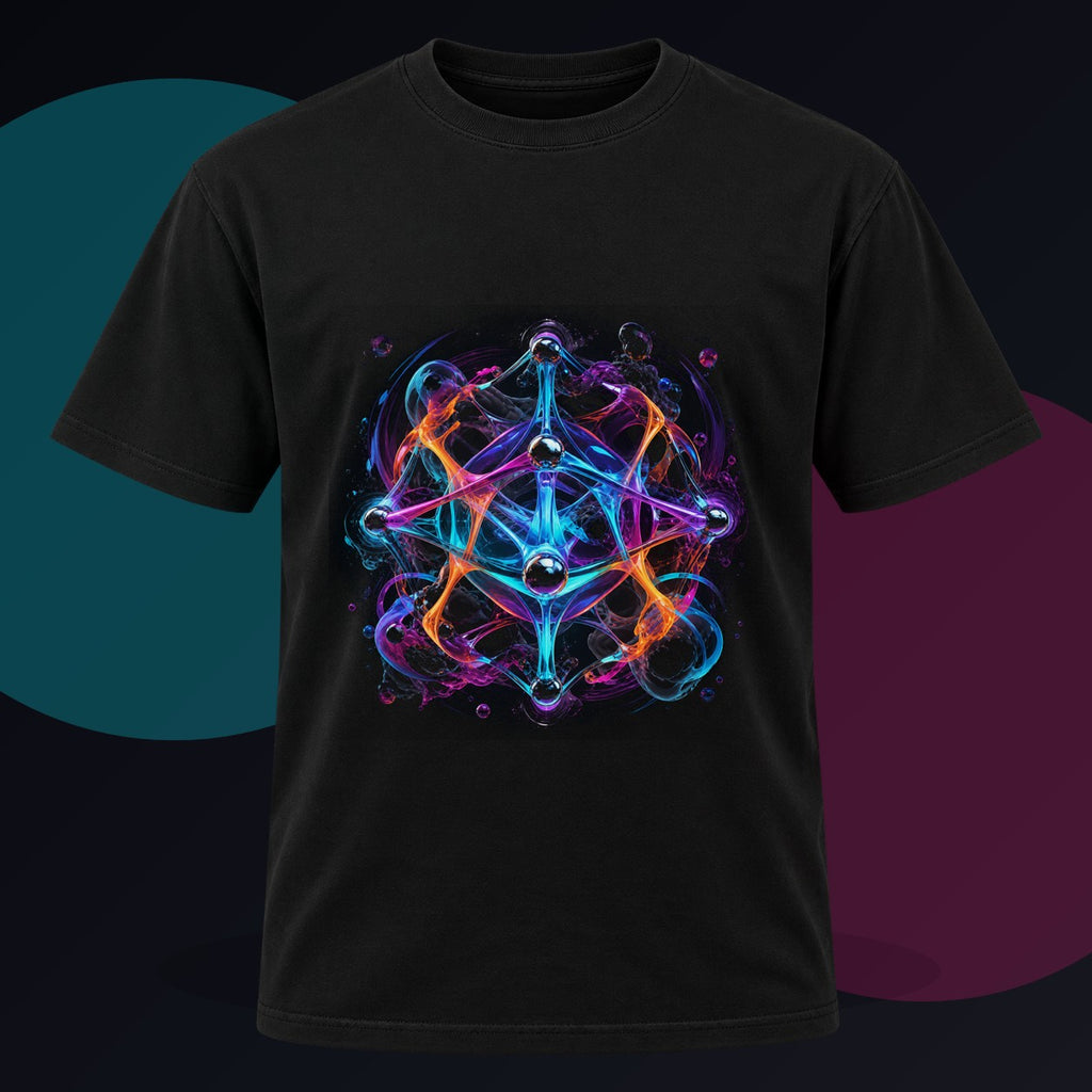Luminous Topology original KOSVYRE design on a black graphic tee against a graphite studio background