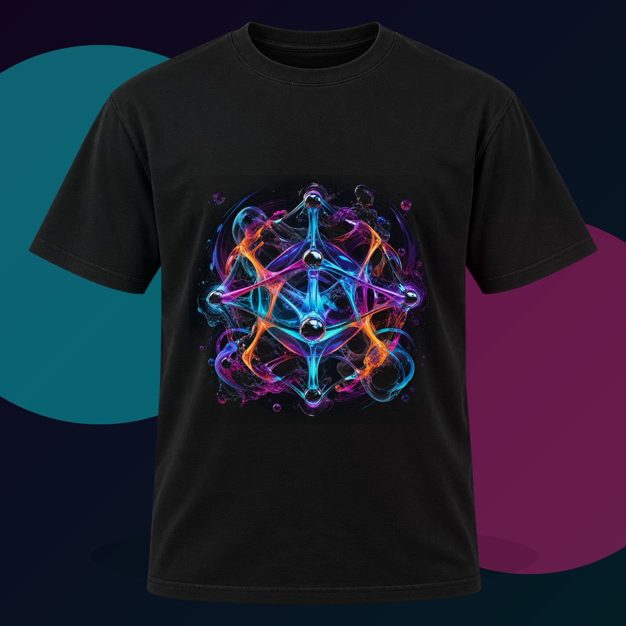 Luminous Topology original KOSVYRE design on a black graphic tee with cyan and violet studio lighting