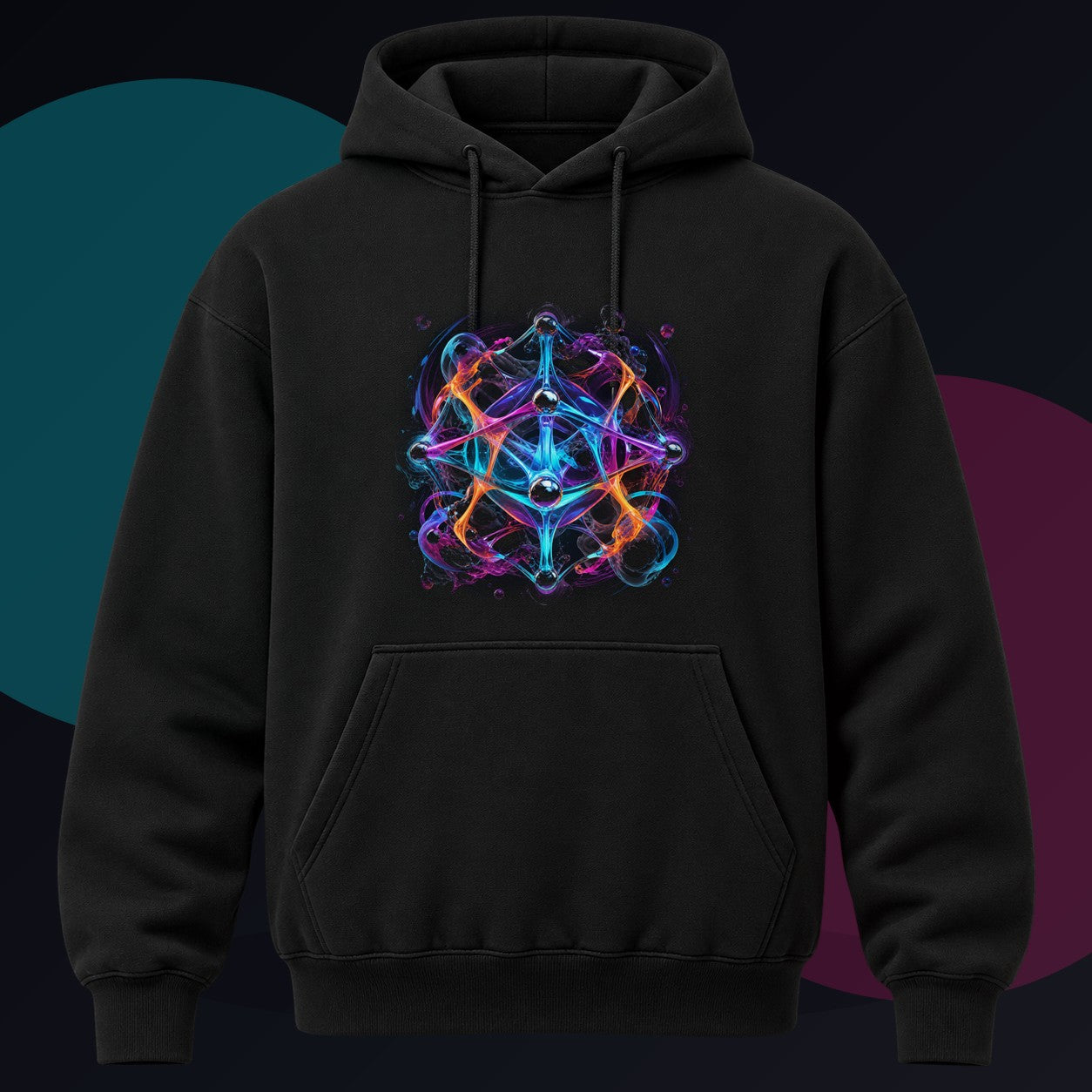 Luminous Topology original KOSVYRE design on a black hoodie against a graphite studio background