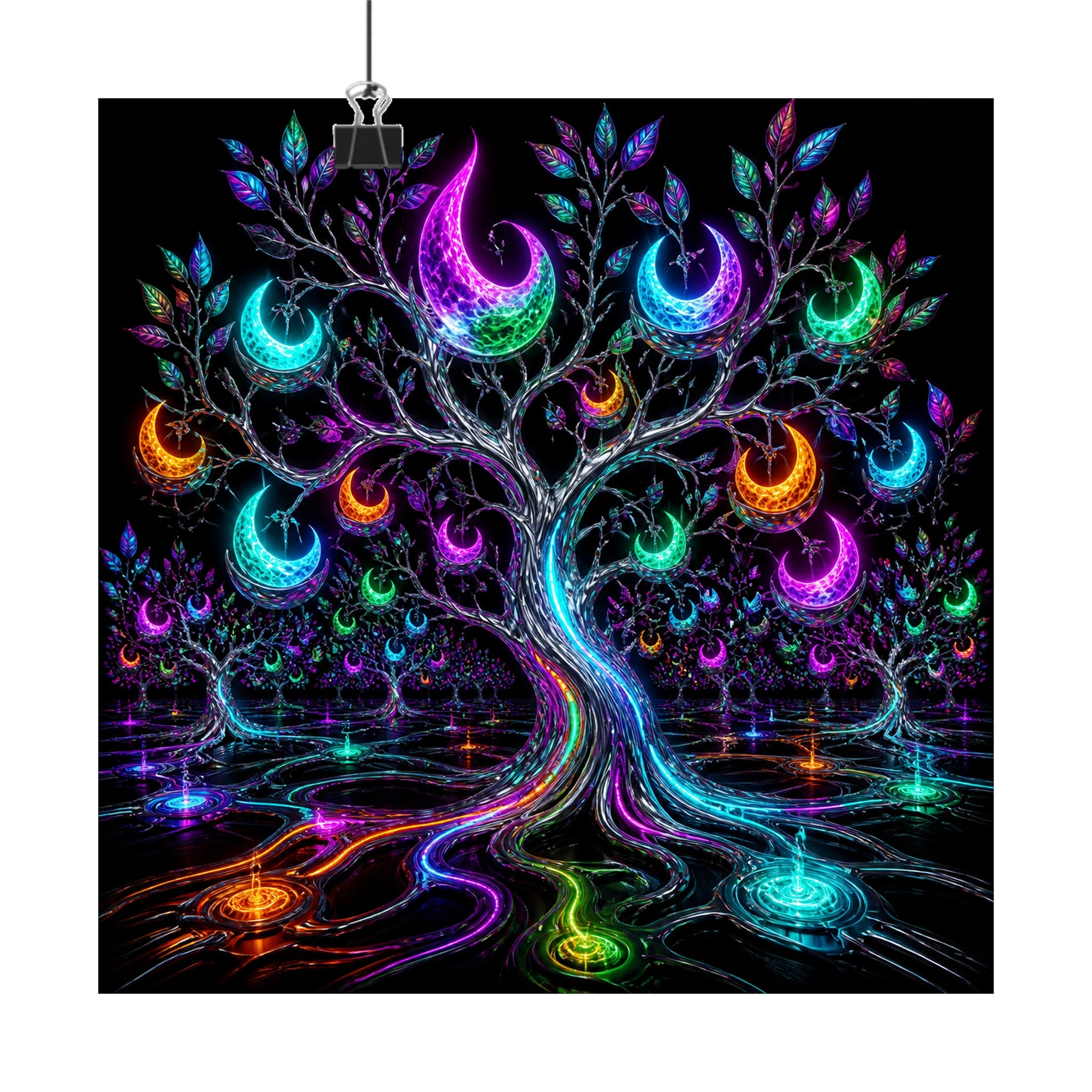 Lunar Circuit Orchard original KOSVYRE art print displayed with binder clips
