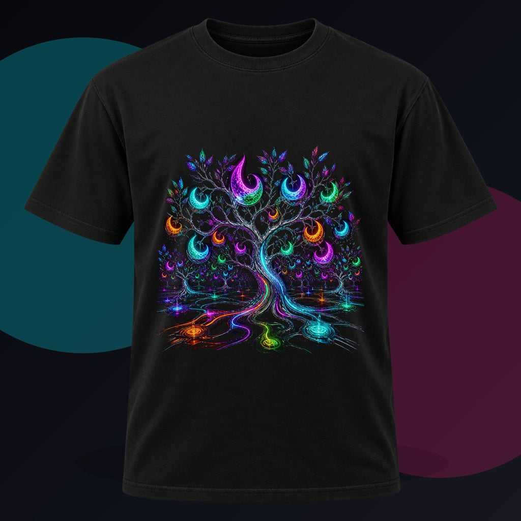 Lunar Circuit Orchard original KOSVYRE design on a black graphic tee against a graphite studio background