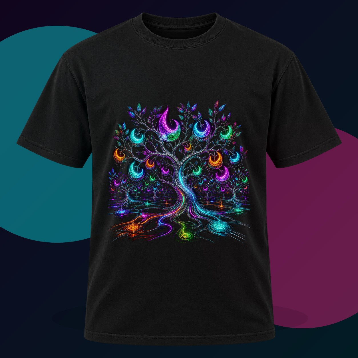 Lunar Circuit Orchard original KOSVYRE design on a black graphic tee with cyan and violet studio lighting