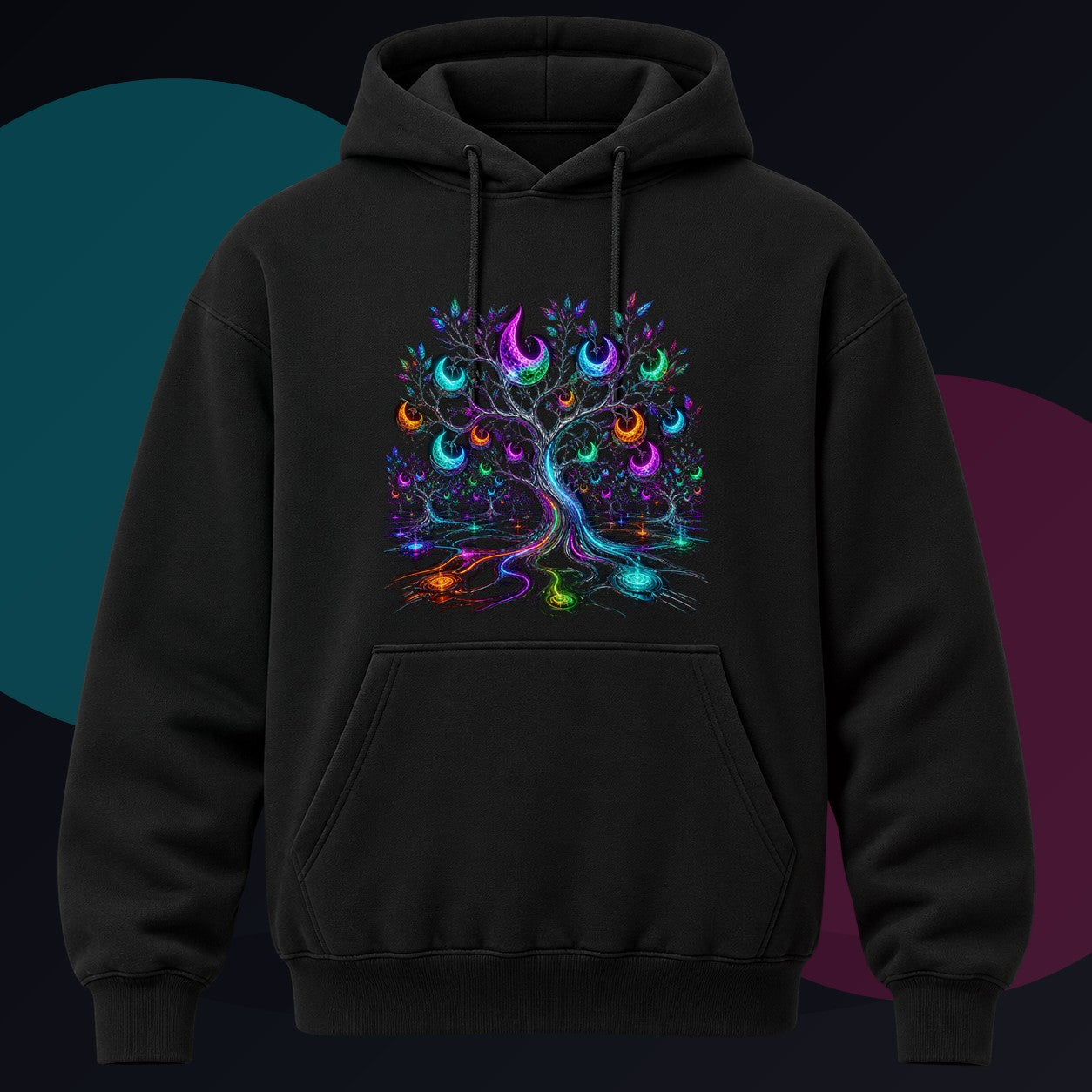 Lunar Circuit Orchard original KOSVYRE design on a black hoodie against a graphite studio background