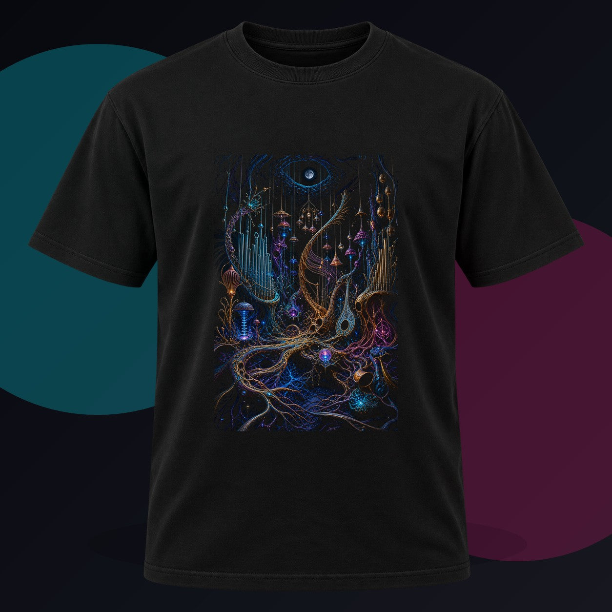 Lunar Root Orchestra original KOSVYRE design on a black graphic tee against a graphite studio background