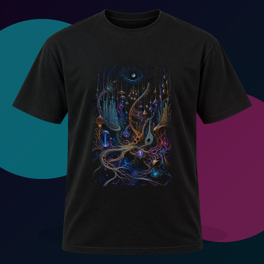 Lunar Root Orchestra original KOSVYRE design on a black graphic tee with cyan and violet studio lighting