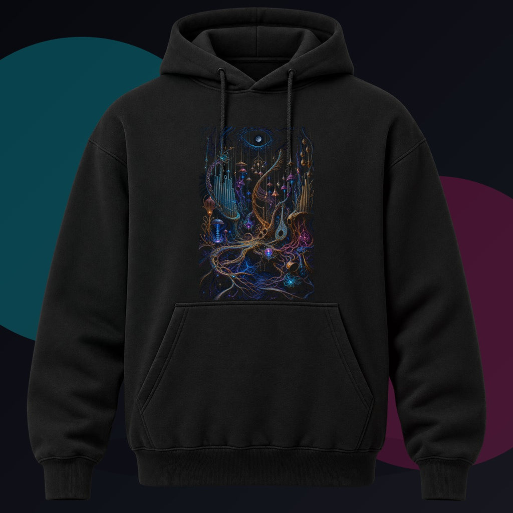 Lunar Root Orchestra original KOSVYRE design on a black hoodie against a graphite studio background