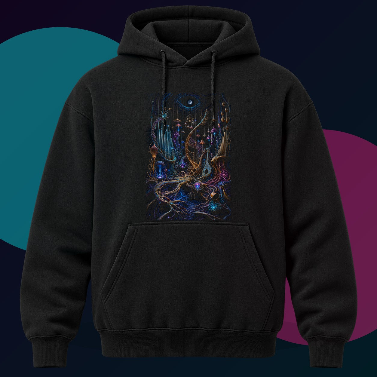 Lunar Root Orchestra original KOSVYRE design on a black hoodie with cyan and violet studio lighting