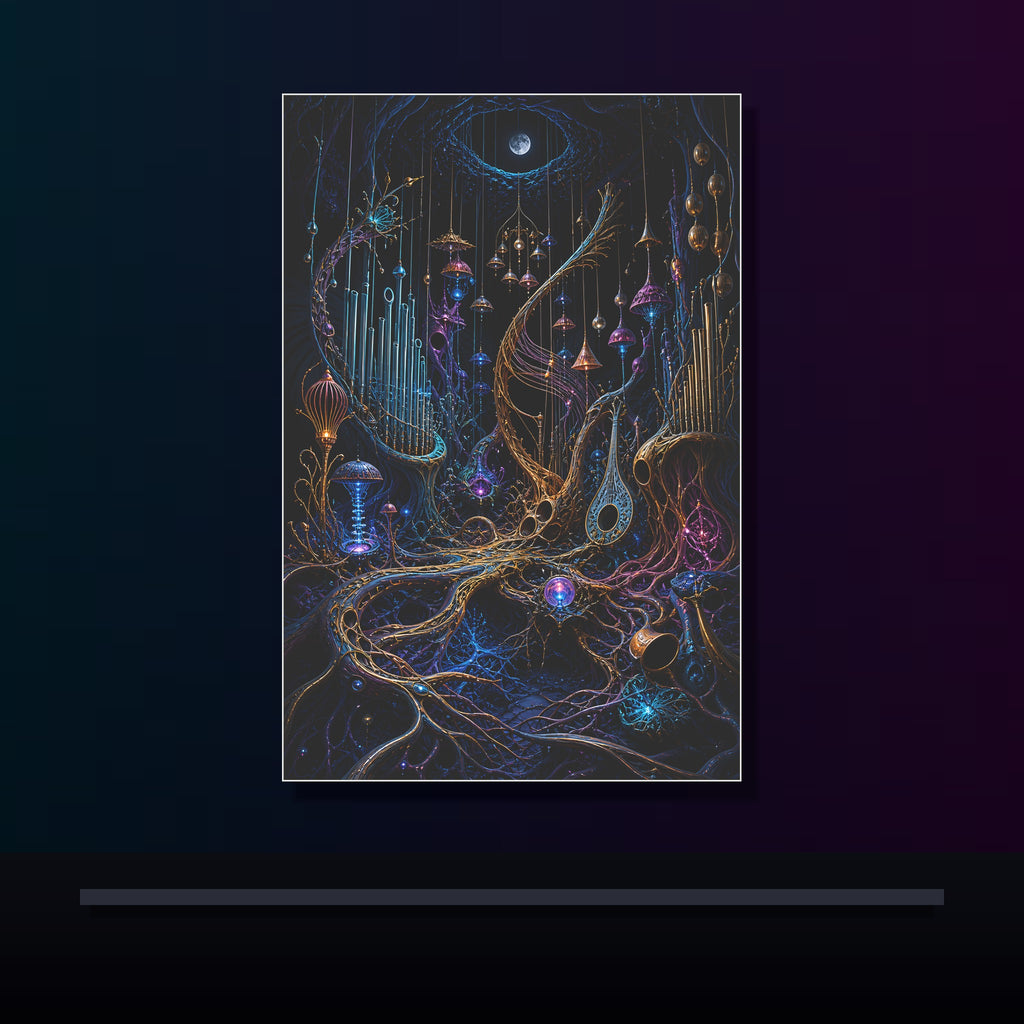 Lunar Root Orchestra original KOSVYRE poster displayed in a dark psychedelic gallery setting