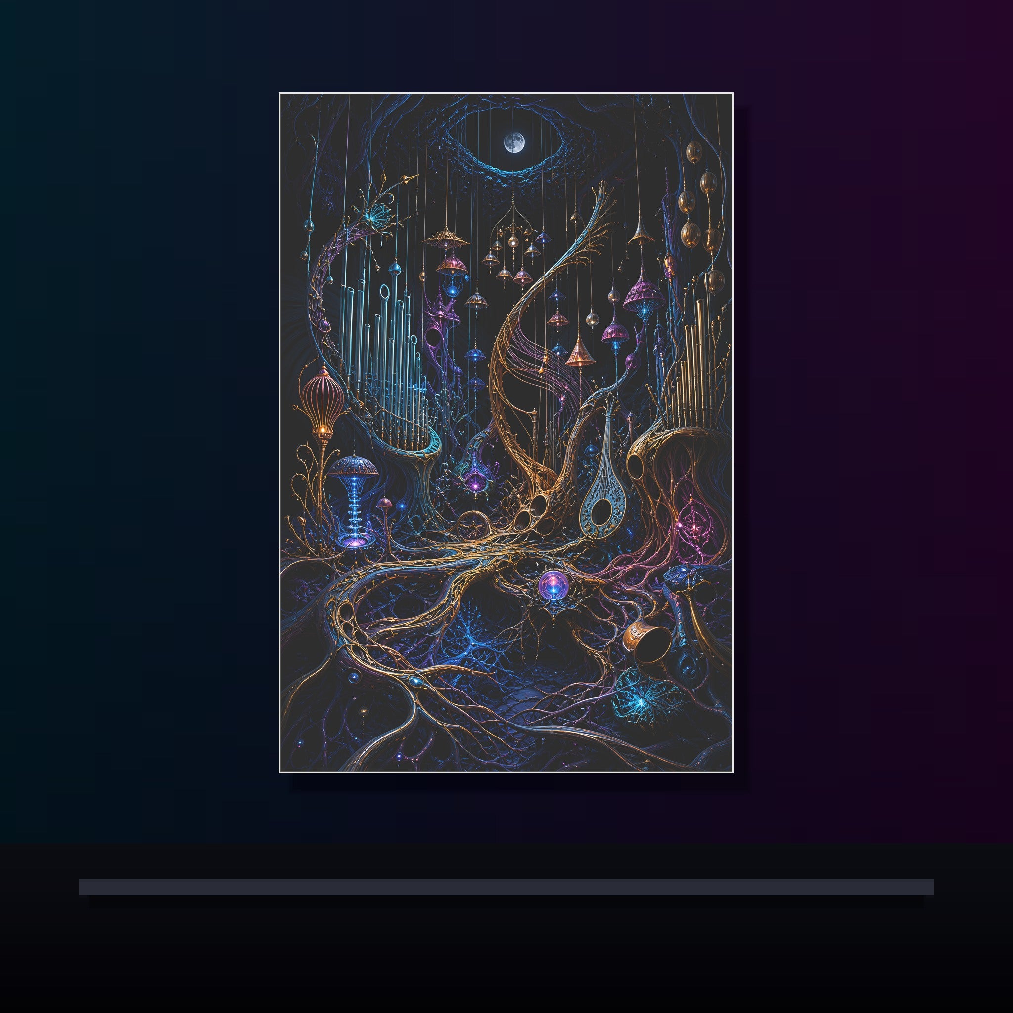 Lunar Root Orchestra original KOSVYRE poster displayed in a dark psychedelic gallery setting