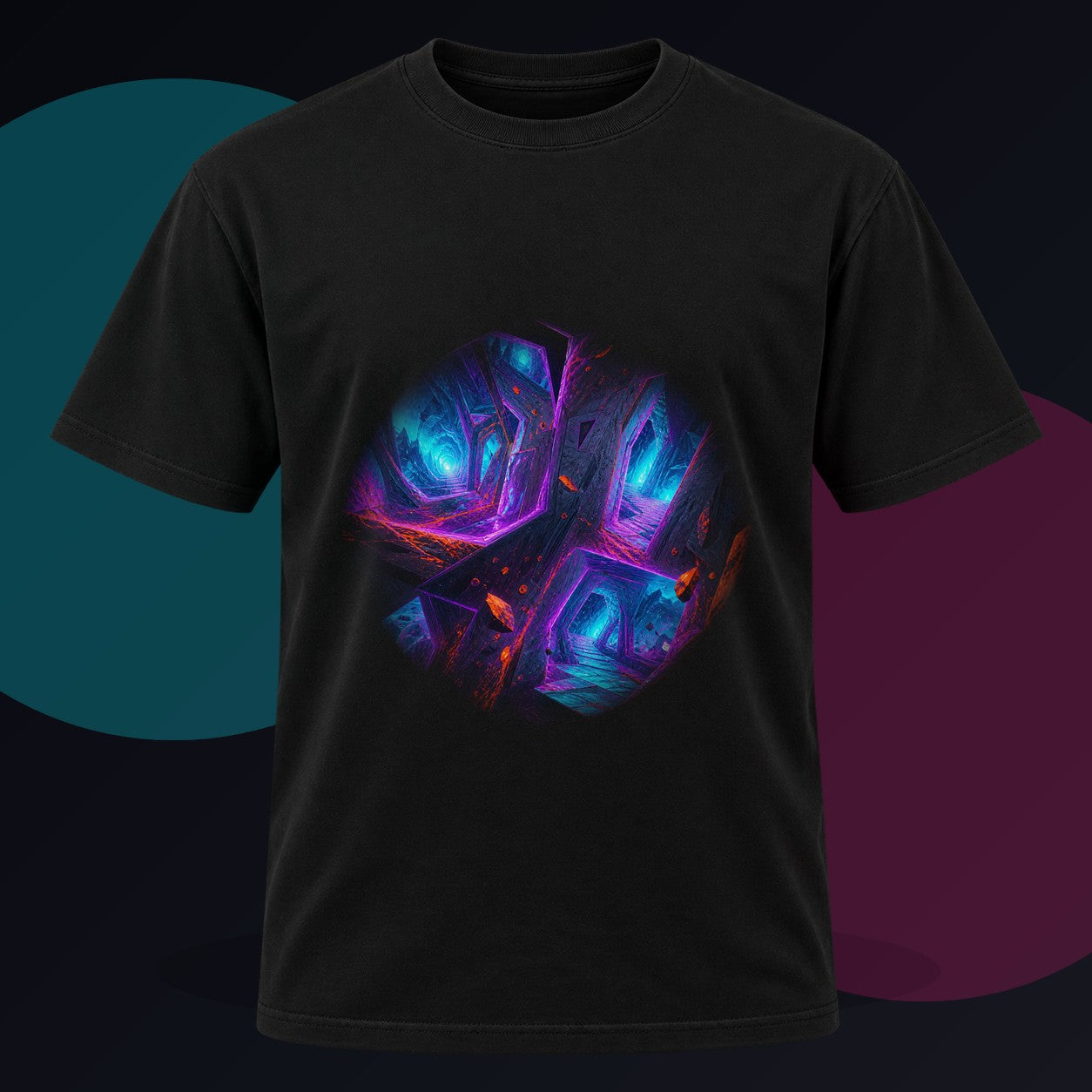 Magenta Rift Transit original KOSVYRE design on a black graphic tee against a graphite studio background