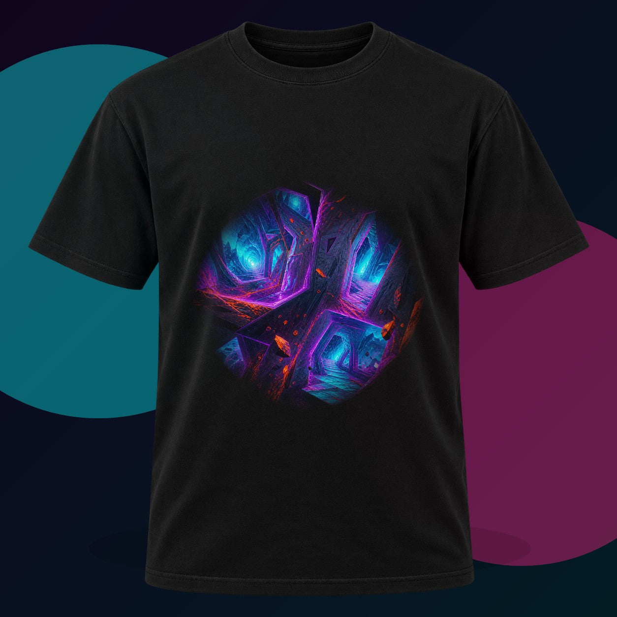 Magenta Rift Transit original KOSVYRE design on a black graphic tee with cyan and violet studio lighting