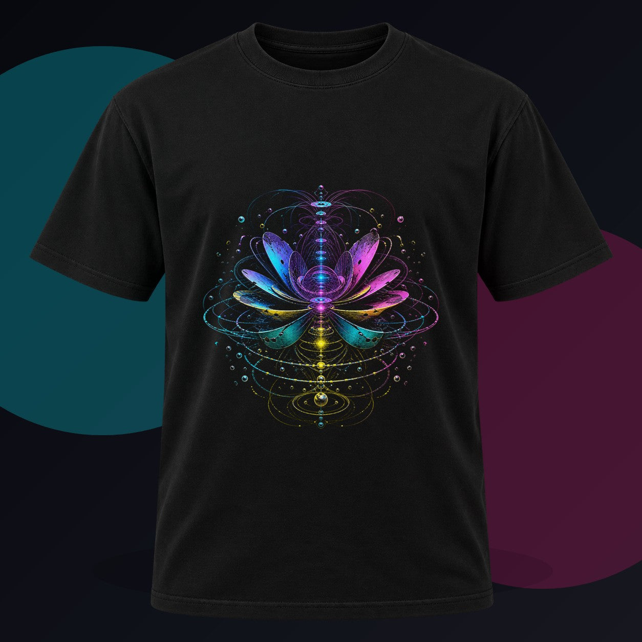 Magnetic Bloom Atlas original KOSVYRE design on a black graphic tee against a graphite studio background