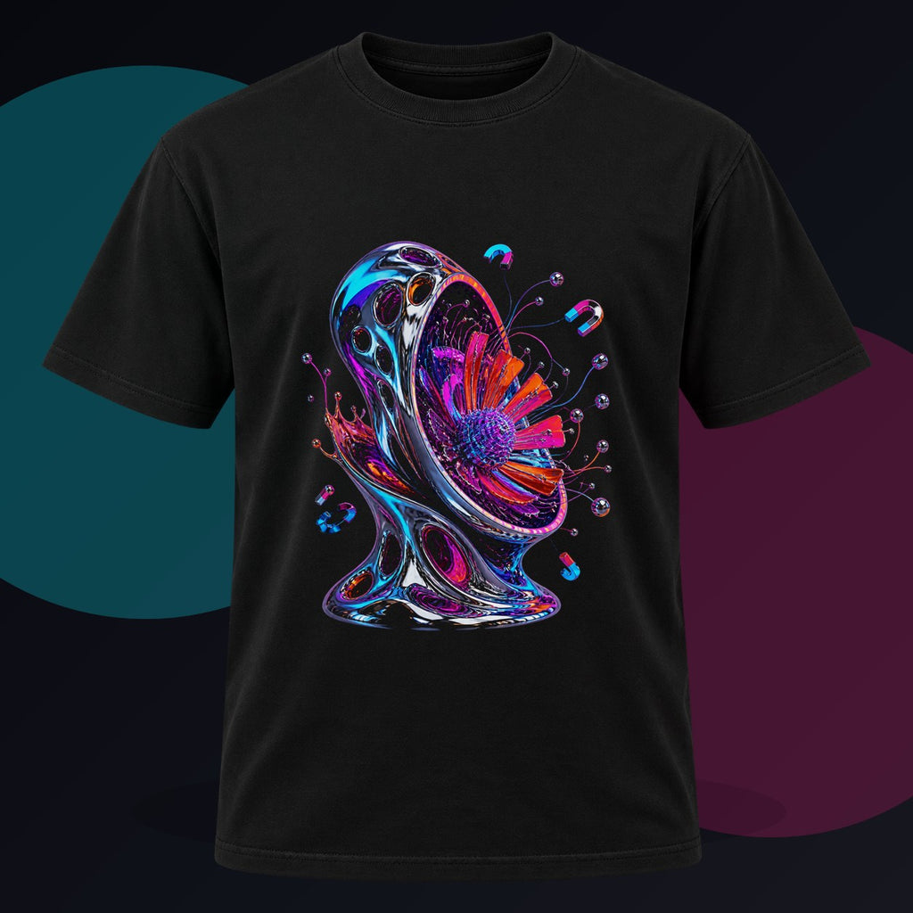 Magnetic Bloom Vessel original KOSVYRE design on a black graphic tee against a graphite studio background