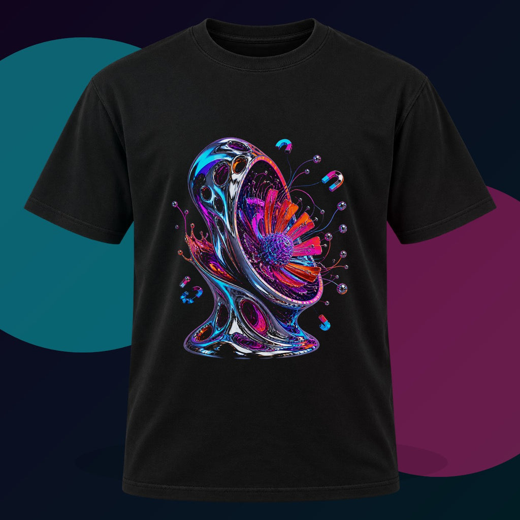 Magnetic Bloom Vessel original KOSVYRE design on a black graphic tee with cyan and violet studio lighting