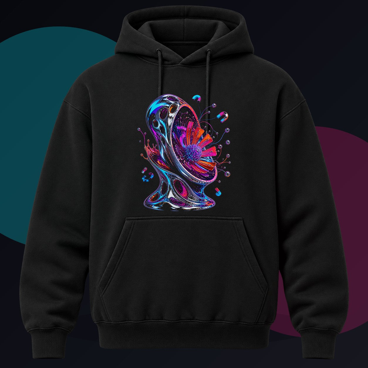 Magnetic Bloom Vessel original KOSVYRE design on a black hoodie against a graphite studio background