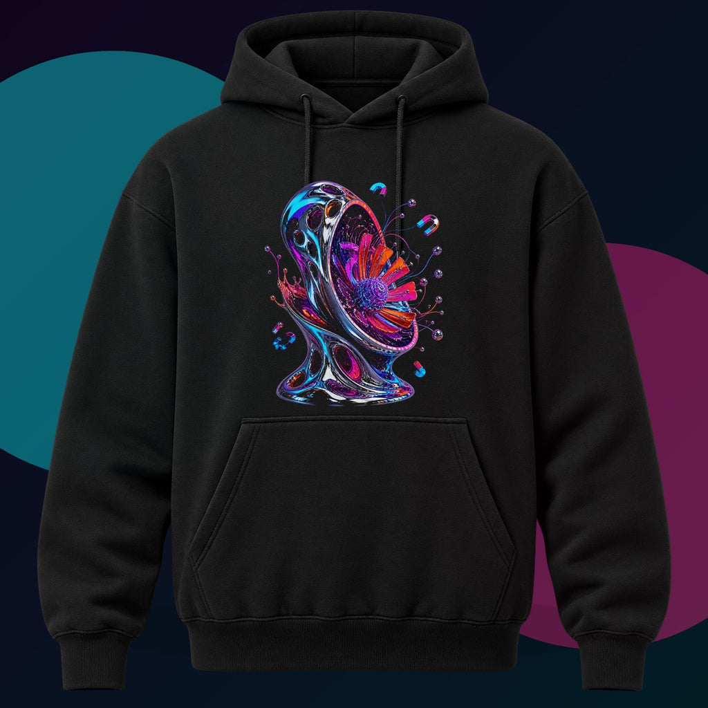 Magnetic Bloom Vessel original KOSVYRE design on a black hoodie with cyan and violet studio lighting