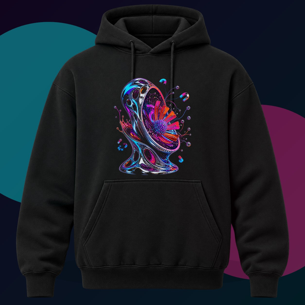 Magnetic Bloom Vessel original KOSVYRE design on a black hoodie with cyan and violet studio lighting