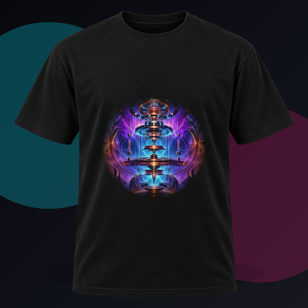 Magnetic Weather Engine original KOSVYRE design on a black graphic tee against a graphite studio background