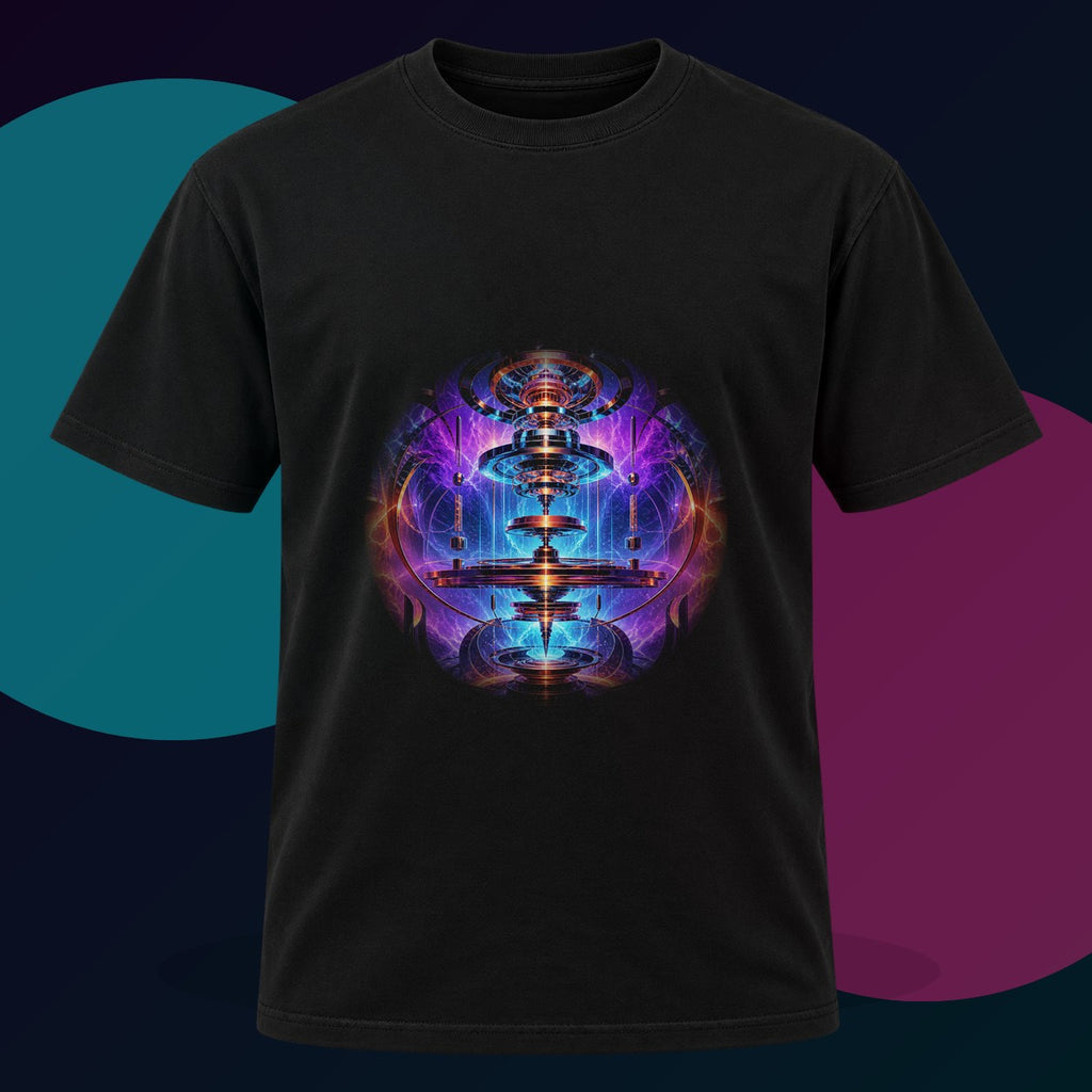 Magnetic Weather Engine original KOSVYRE design on a black graphic tee with cyan and violet studio lighting
