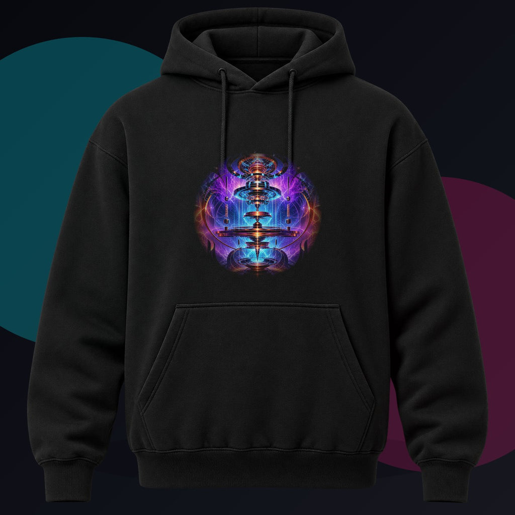 Magnetic Weather Engine original KOSVYRE design on a black hoodie against a graphite studio background
