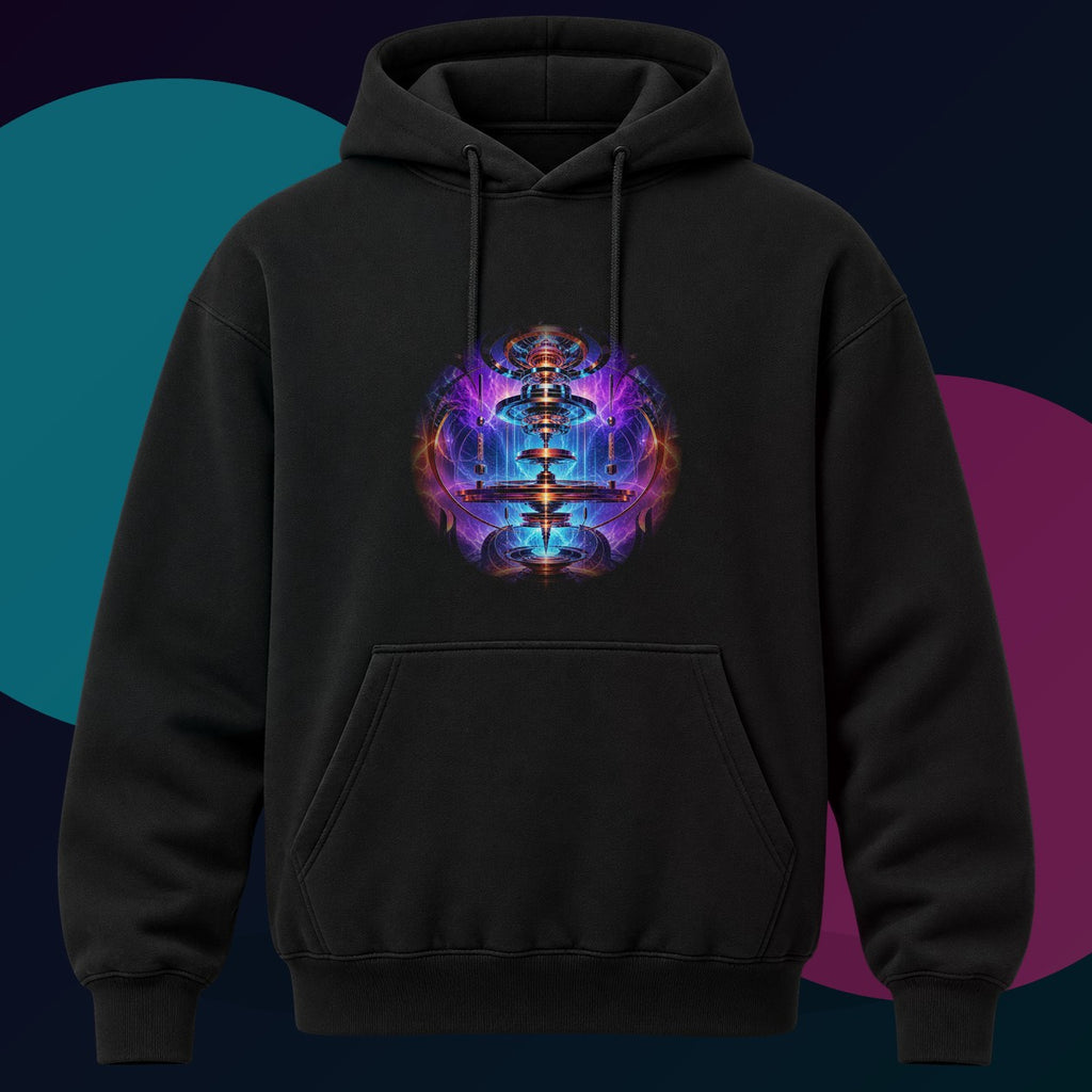 Magnetic Weather Engine original KOSVYRE design on a black hoodie with cyan and violet studio lighting