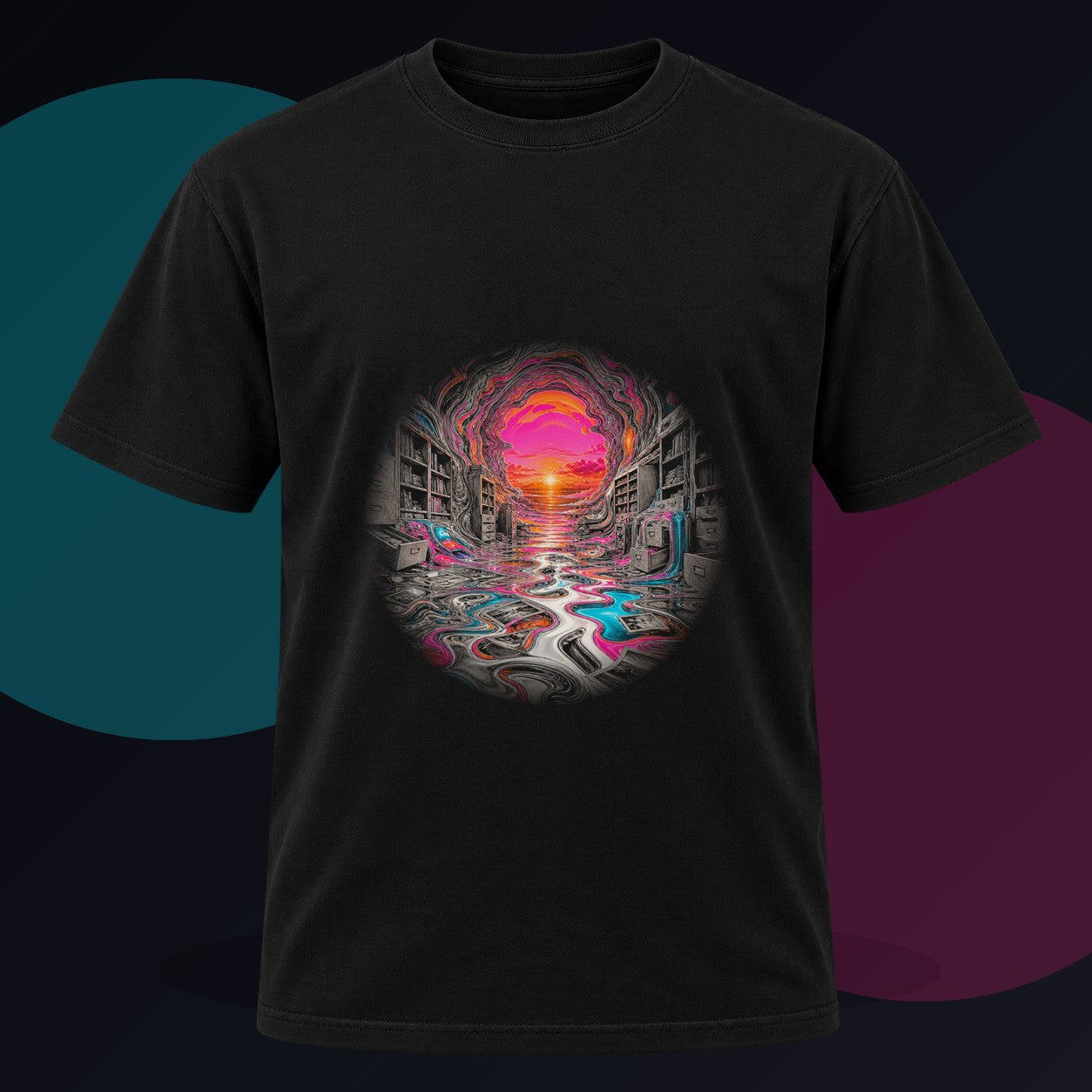 Melted Archive original KOSVYRE design on a black graphic tee against a graphite studio background