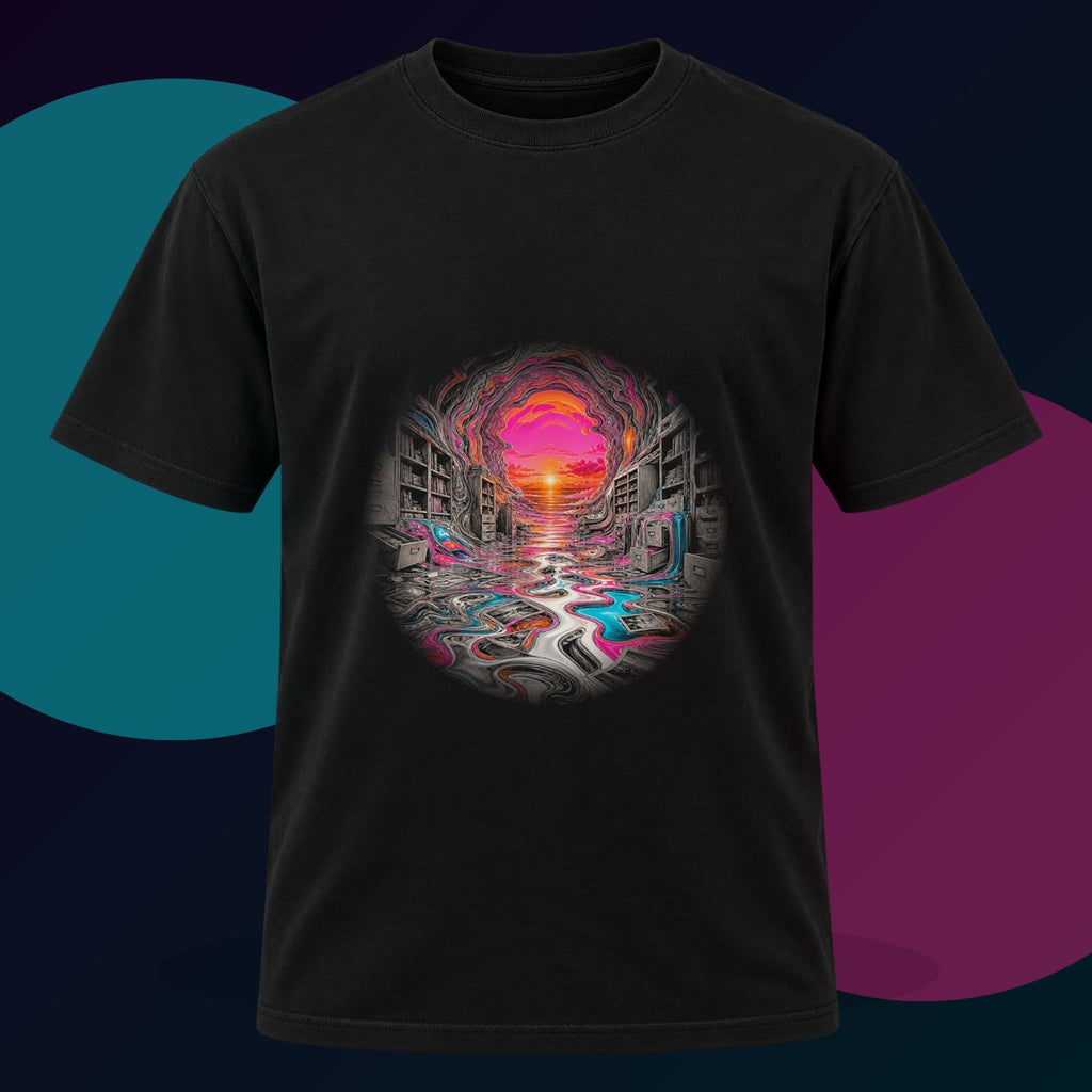 Melted Archive original KOSVYRE design on a black graphic tee with cyan and violet studio lighting