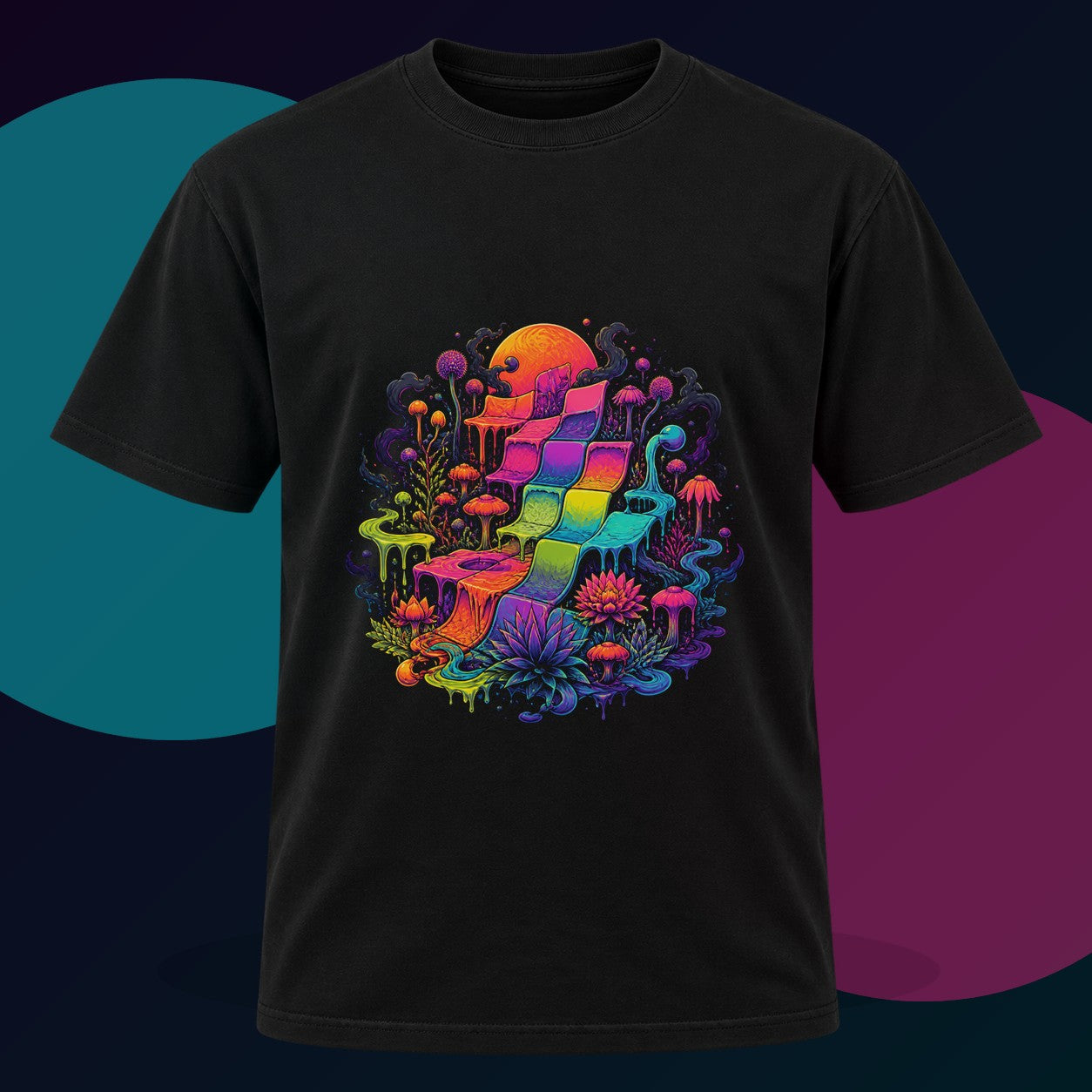 Melted Calendar Garden original KOSVYRE design on a black graphic tee with cyan and violet studio lighting