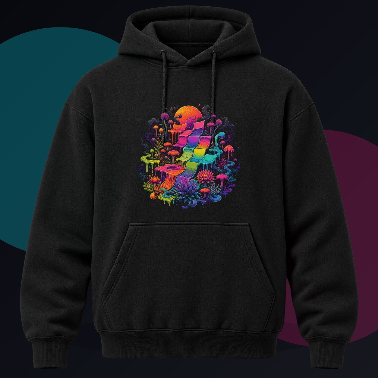 Melted Calendar Garden original KOSVYRE design on a black hoodie against a graphite studio background