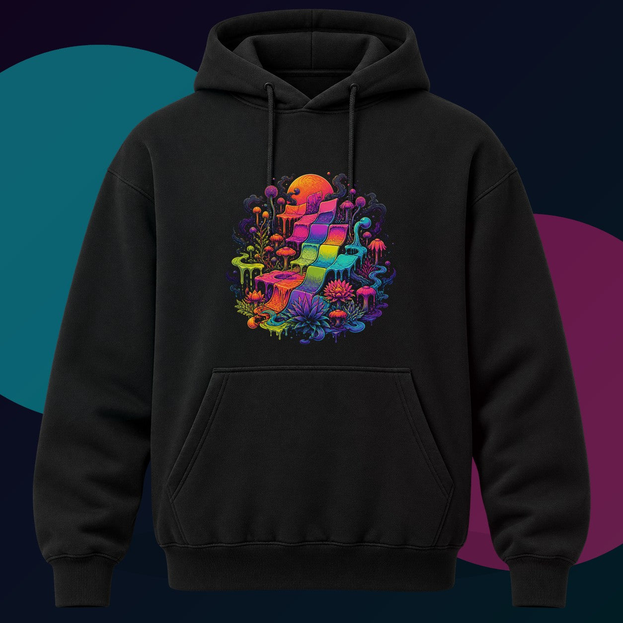 Melted Calendar Garden original KOSVYRE design on a black hoodie with cyan and violet studio lighting