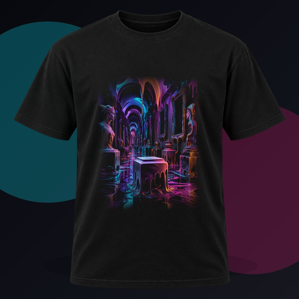 Melted Museum Relay original KOSVYRE design on a black graphic tee against a graphite studio background