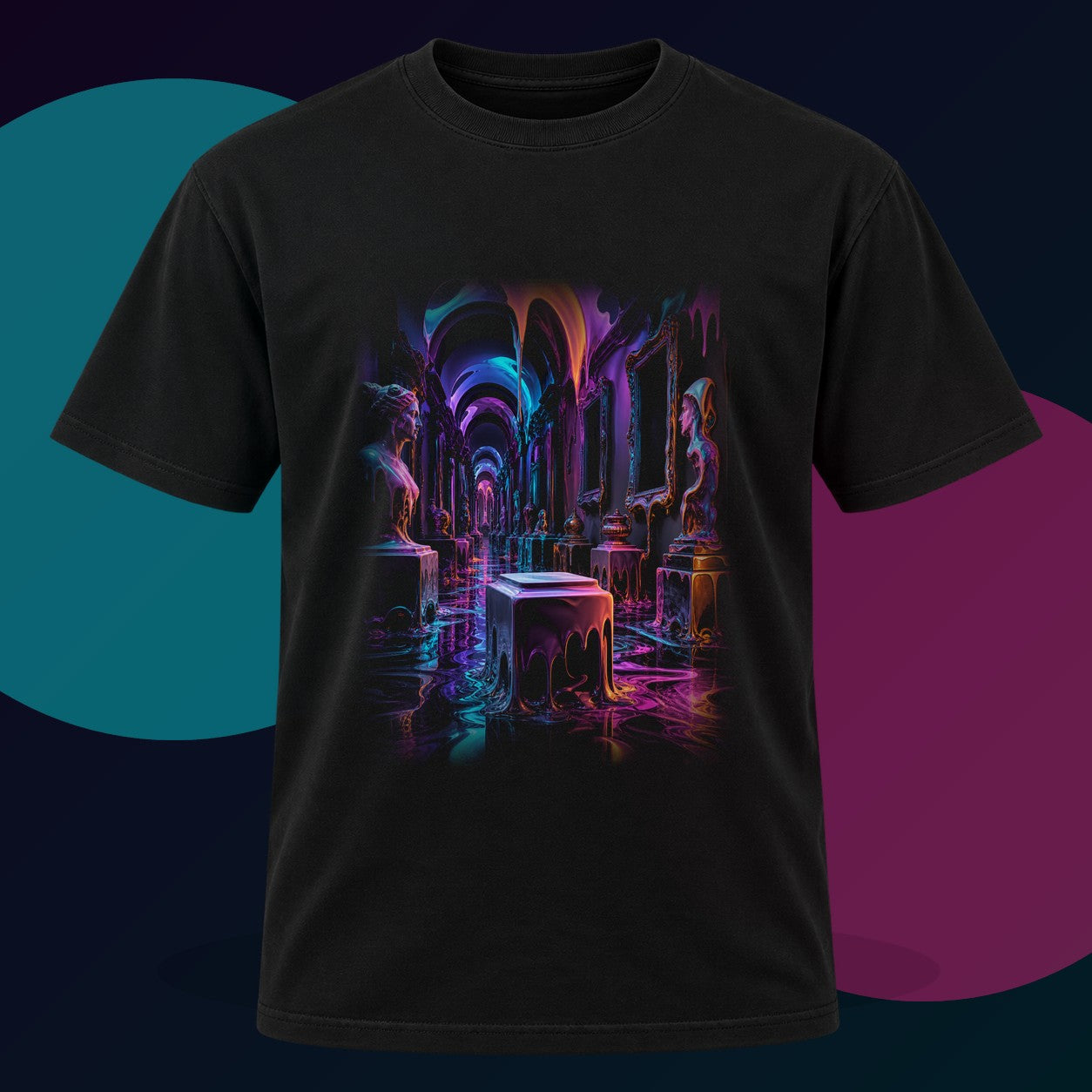 Melted Museum Relay original KOSVYRE design on a black graphic tee with cyan and violet studio lighting