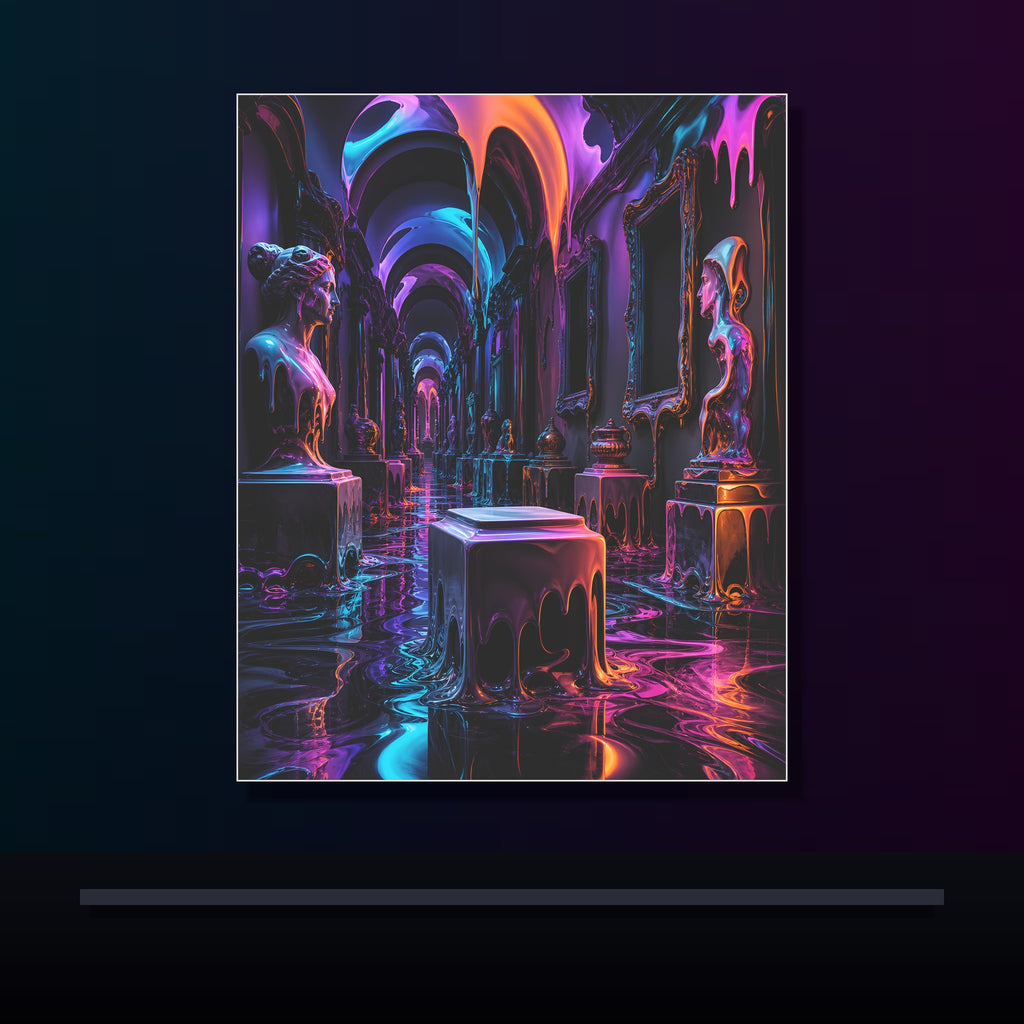 Melted Museum Relay original KOSVYRE poster displayed in a dark psychedelic gallery setting