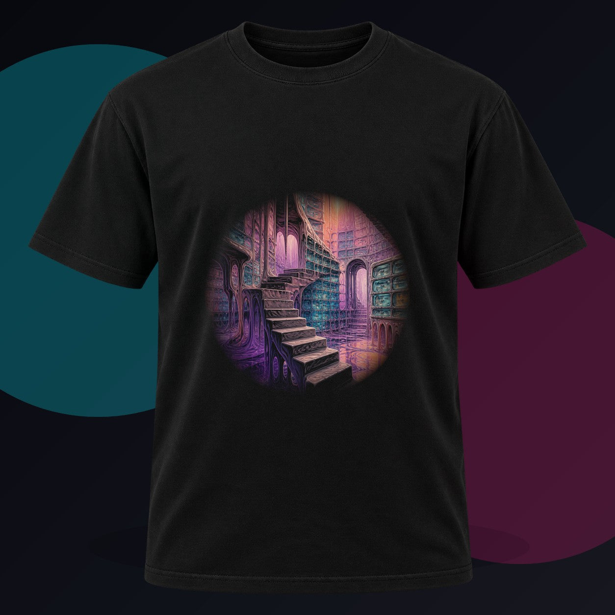 Melting Archive Stair original KOSVYRE design on a black graphic tee against a graphite studio background