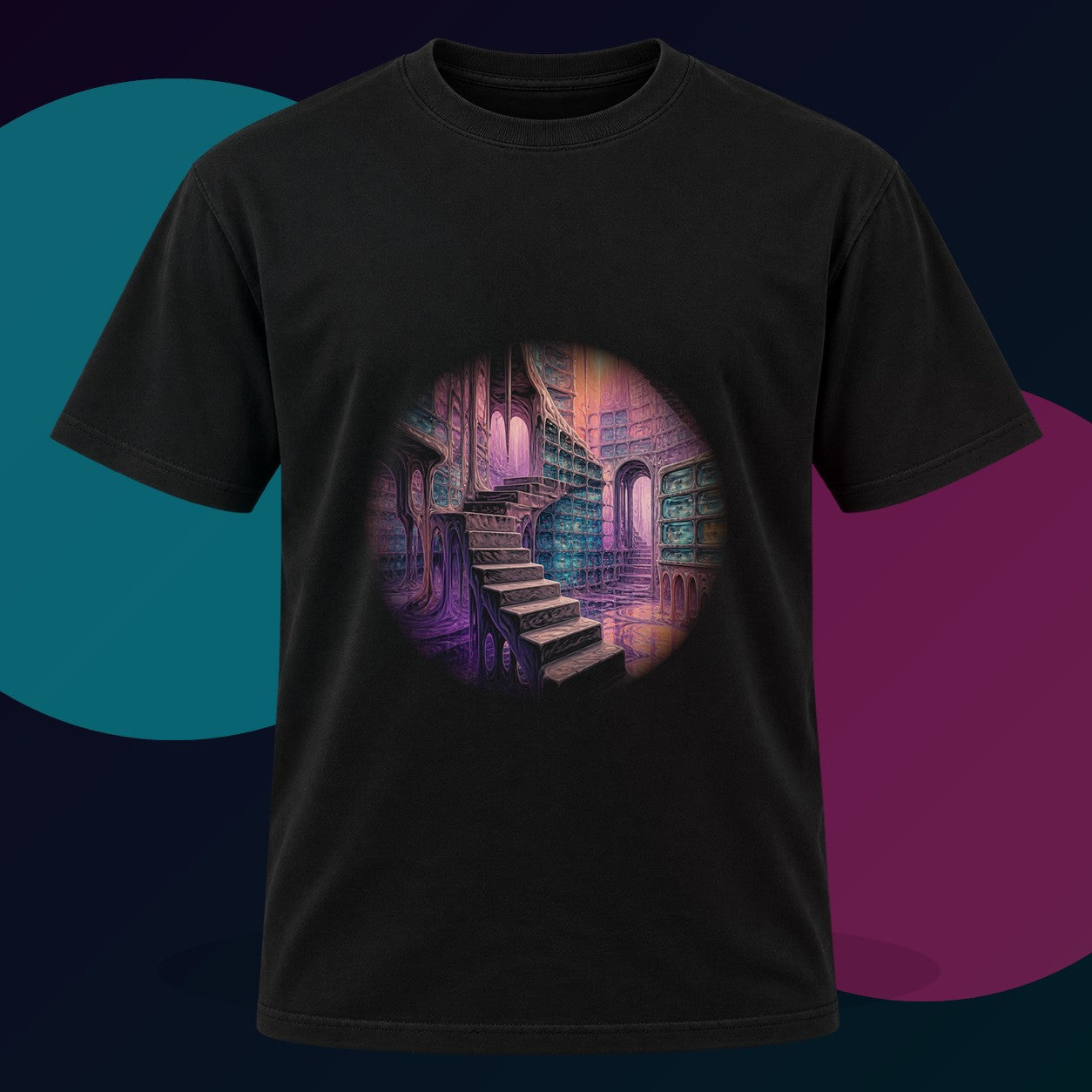 Melting Archive Stair original KOSVYRE design on a black graphic tee with cyan and violet studio lighting