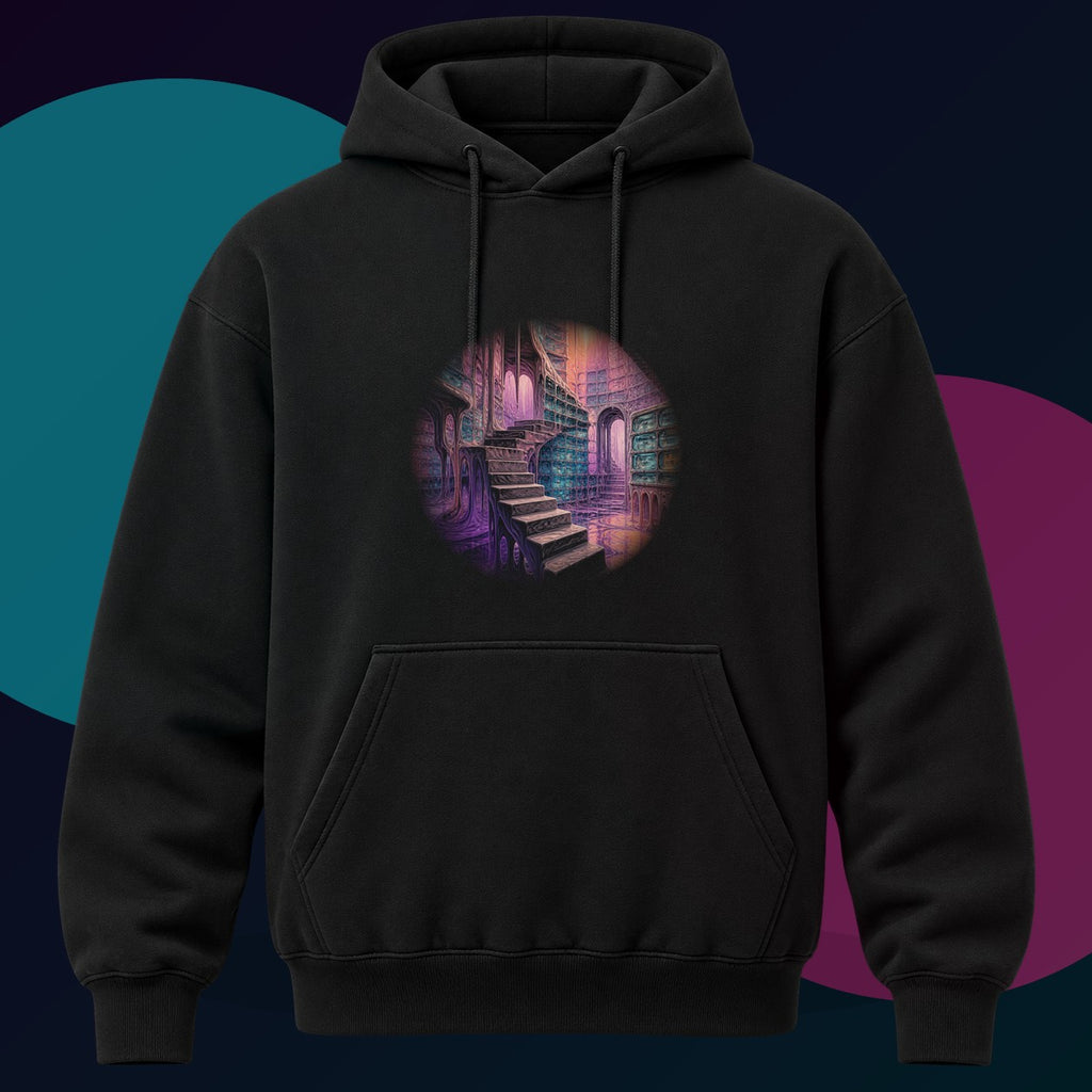 Melting Archive Stair original KOSVYRE design on a black hoodie with cyan and violet studio lighting