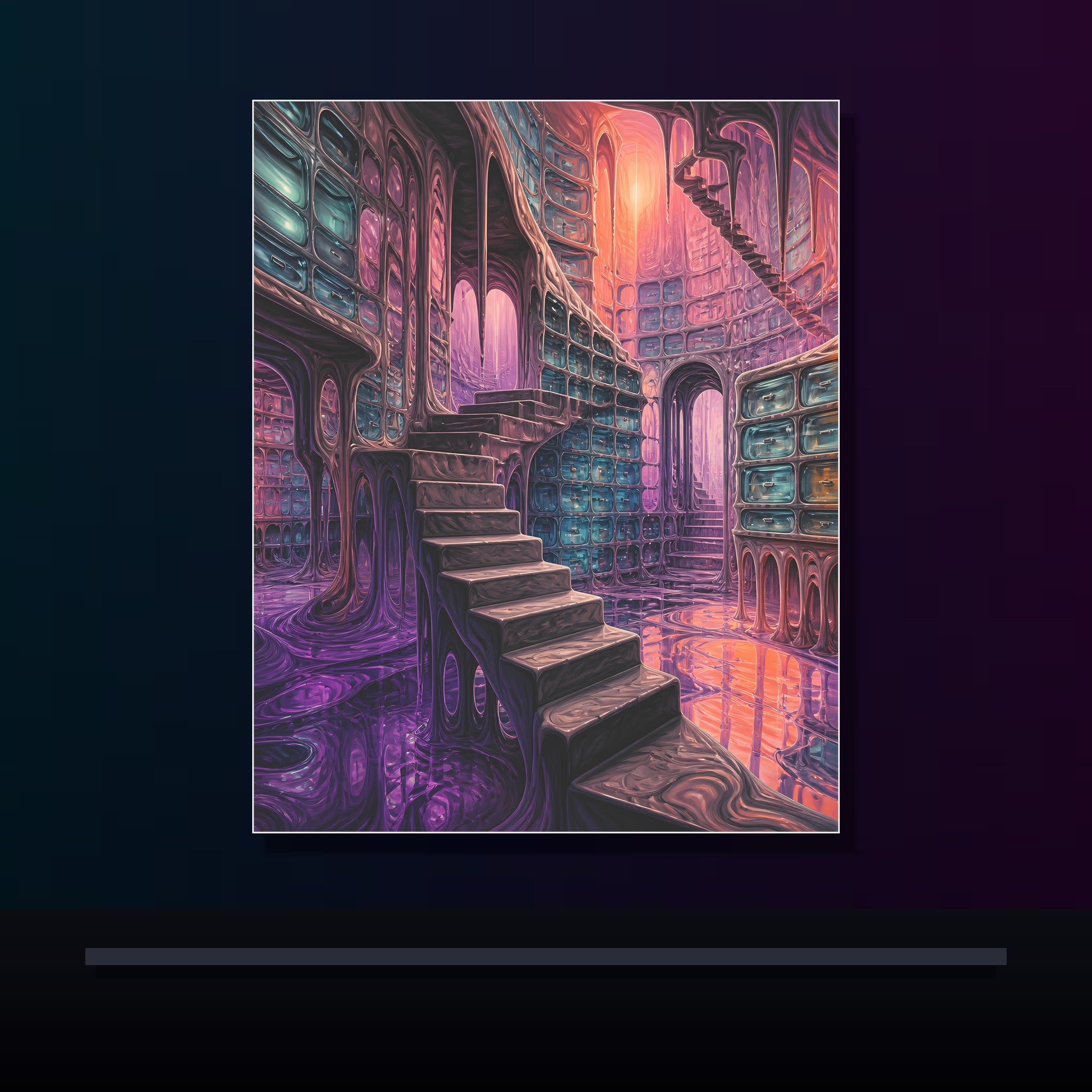 Melting Archive Stair original KOSVYRE poster displayed in a dark psychedelic gallery setting
