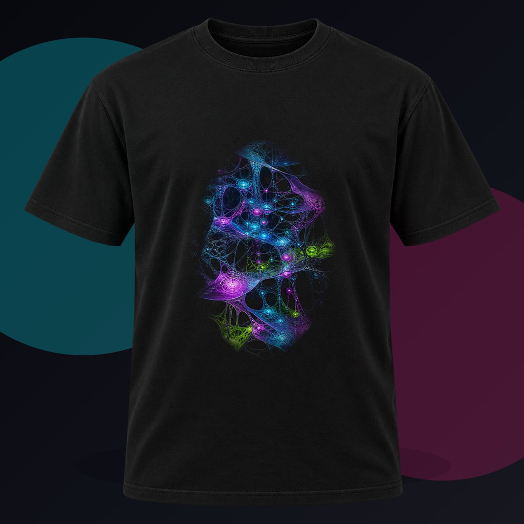 Membrane Relay Field original KOSVYRE design on a black graphic tee against a graphite studio background