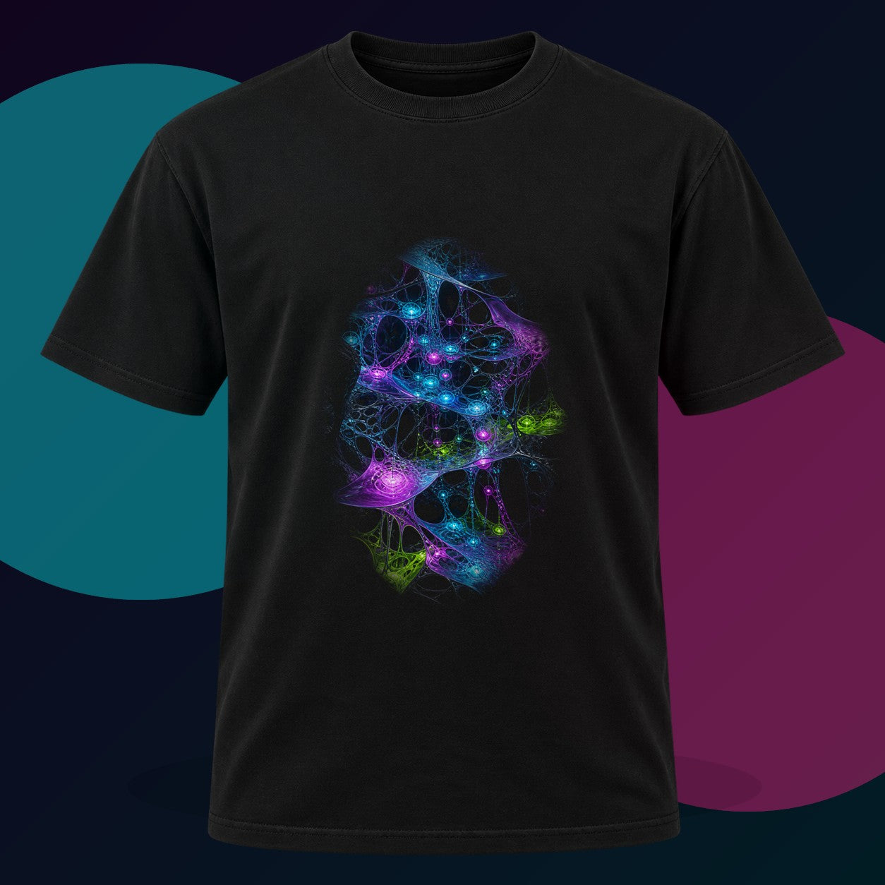 Membrane Relay Field original KOSVYRE design on a black graphic tee with cyan and violet studio lighting