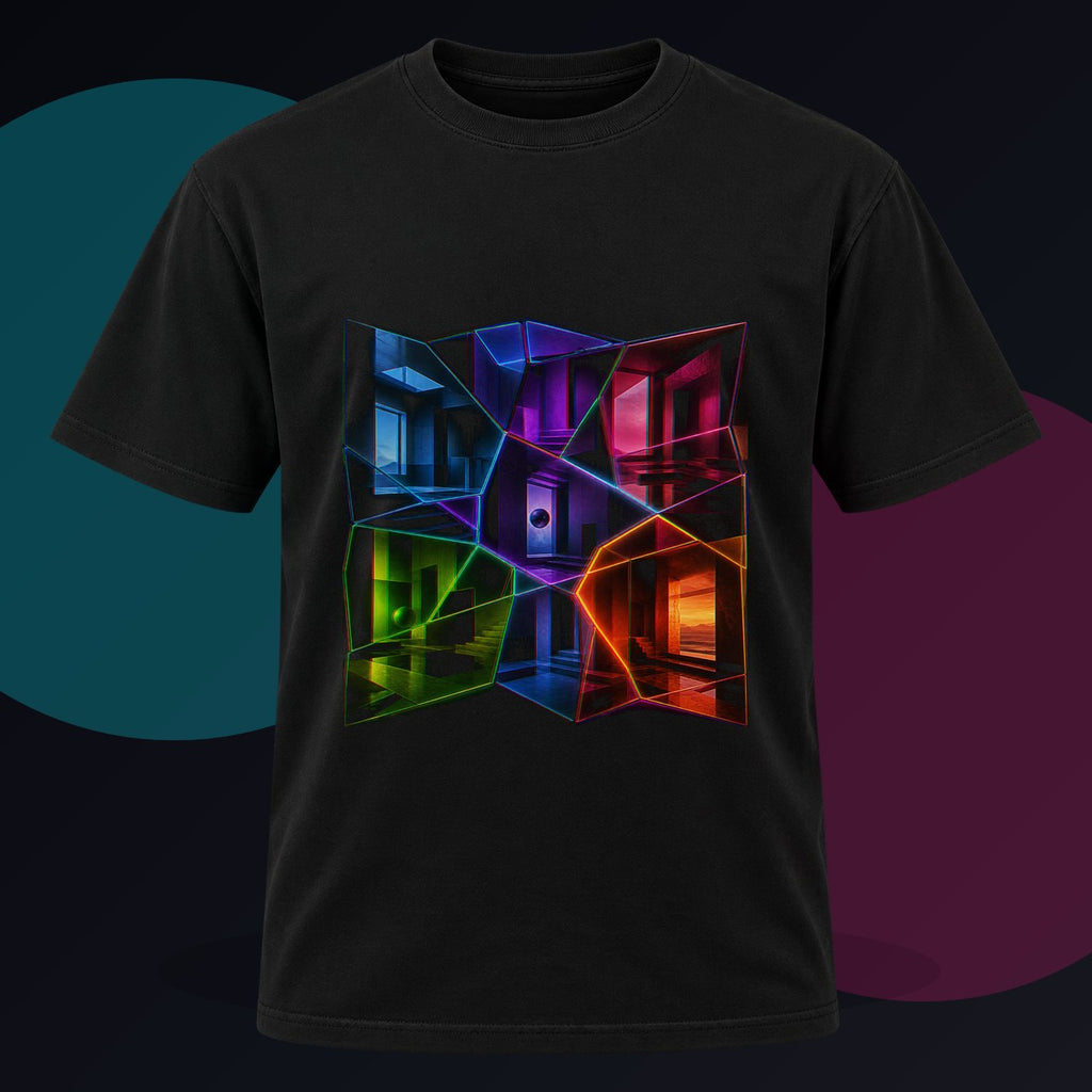 Memory Lattice original KOSVYRE design on a black graphic tee against a graphite studio background